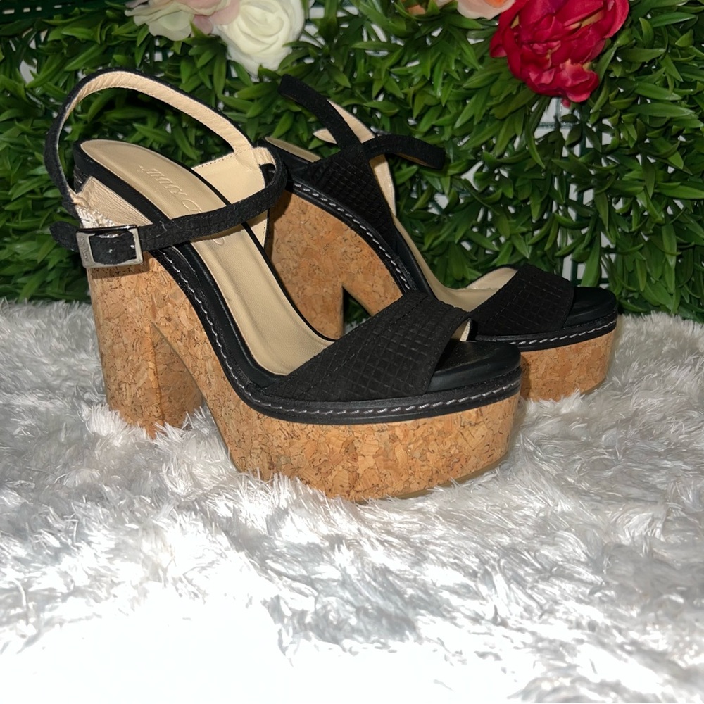 Jimmy Choo Black Suede Slingback Cork Block Heels